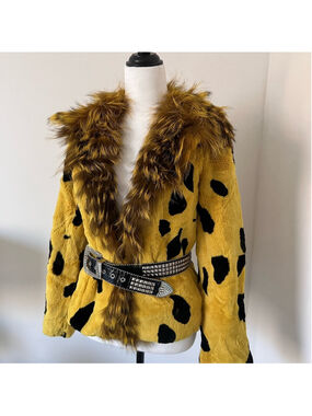 “Yayoi Kusama” Vibe Yellow and Black Real Rabbit/Tanuki Fur Jacket S-M Firm
